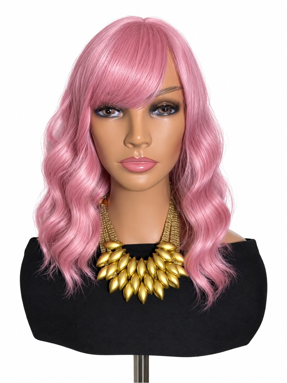 Synthetic Pink Wavy Women's Wig with bangs